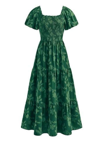 PRETTYGARDEN Women's 2026 Summer Boho Maxi Dresses Floral Short Sleeve Square Neck Smocked Flowy Long Dress Vacation Outfits (Dark Green,Medium) - Image 1