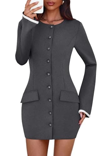 Lazysmile Women's Casual Dresses Long Sleeve Boat Neck Button Down Bodycon Mini Fall Party Club Cocktail Dresses for Women Grey - Image 1