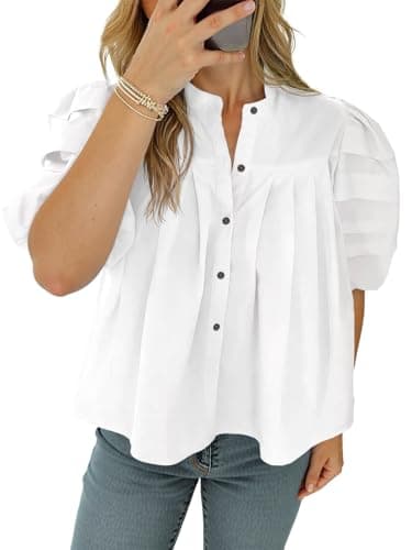 Tankaneo Womens Puff Short Sleeve Button Down Shirts Cotton Pleated Babydoll Blouses Trendy Casual Loose Fit Tops White - Image 1