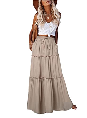 EARKOHA Trendy Lightweight Drawstring Tiered Ruffles Paisley Hippie Plus Size Bohemian Long Maxi Skirt with Deep Pockets for Office Music Festival Travel Picnic Dating Fall Outfits Solid-tan XL - Image 1