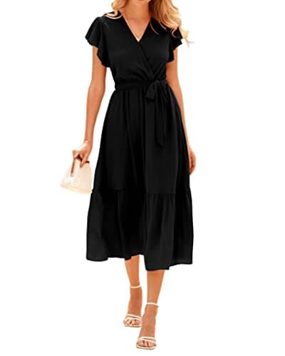 BTFBM Women Summer Bohemian Floral Casual Wrap V Neck Ruffle Cap Sleeveless Belt A-Line Pleated Hem Swing Midi Sun Dress (Solid Black, Medium) - Image 1