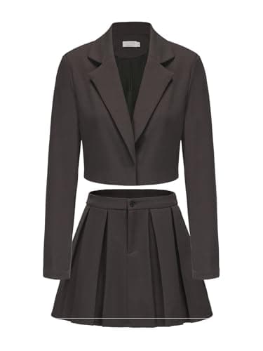 EXLURA Women's Long Sleeve Blazer Suit Sets with Pleated Mini Skirt Fall 2 Piece Outfits Trendy Y2K Fashion Clothes Dark Grey - Image 1