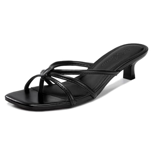 Athlefit Black Kitten Heels for Women Strappy Flip Flop Low Heels Square Toe Summer Slip On Heeled Thong Sandals Size 9.5 - Image 1