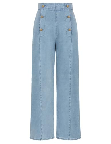 Womens Vintage Sky Blue Jeans Stretch High Rise Wide Legged Casual Office Work Denim Pants with Pockets X-Large - Image 1
