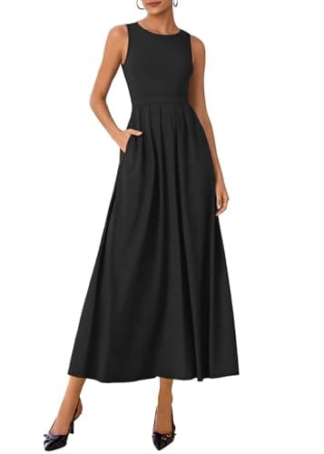 Lazysmile Summer Sleeveless Maxi Dresses for Women Mock Neck Pleated A Line Formal Cocktail Wedding Guest Dress Black - Image 1