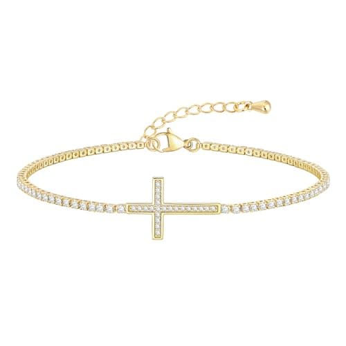 Goxygen Gold Cross Bracelet for Women - 14k Gold Plated Cubic Zirconia Tennis Bracelets, Adjustable Danity Cross Charm Chain Trendy Jewelry Wedding Birthday Easter Religious Christian Gifts for Her - Image 1