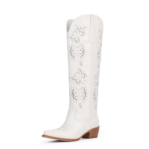 Easyfox White Cowboy Boots for Women Butterfly Embroidered Knee High Cowgirl Boots Chunky Heel Rhinestone Western Boot Pointed Toe Slip on Block Heel Cow Girl Boot Size 8.5 - Image 1
