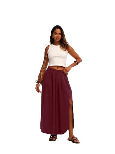 HiMONE Womens Elegant Maxi Skirt High Waisted Pleated Flowy Skirt with Side Slit for Church Office 2026 Wine Red - Thumbnail 2