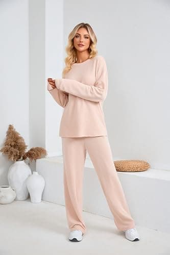 dursrove Womens Lounge Sets 2 Piece Matching Pajamas Fall Fashion 2025 Ribbed Knit Outfits Long Sleeve Casual Sweatsuits (US, Alpha, Large, Regular, Regular, Blush Pink) - Thumbnail 2