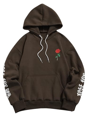 ZAFUL Men's Fleece Hoodie Unisex Rose Letter Print Hooded Pullover Kangaroo Pocket Sweatshirt Brown M - Image 1