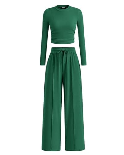 BTFBM Casual 2 Piece Sets For Women Fall Outfits 2026 Ribbed Spring Long Sleeve Crop Top Wide Leg Pants Matching Lounge Set(Dark Green, X-Large) - Image 1