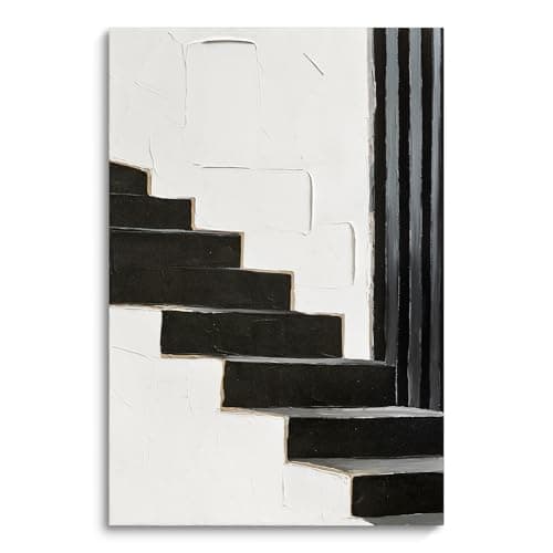 JUHOME Original Hand-Painted Abstract Canvas Wall Art – Textured Black and White Staircase Oil Painting, Modern Minimalist Wall Decor for Living Room Bedroom Office 24x36 Inch - Image 1