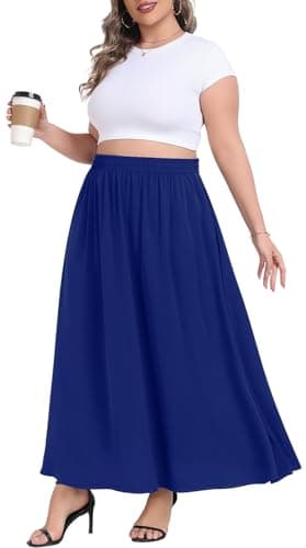 Lastshe Plus Size Maxi Skirts for Women Casual Elastic High Waisted Hide Drawstring Flowy A-line Long Skirt with Pockets,Royal Blue,2X - Image 1
