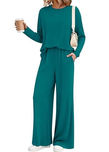KIRUNDO Spring 2 Piece Lounge Sets for Women Long Sleeve Ribbed Knit Tops Wide Leg Pants Matching Travel Outfits Postpartum(Lake Blue, Large) - Image 1