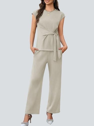 Casly Lamiit 2 Piece Outfits for Women Spring 2026 Dressy Casual Lounge Set Crew Neck Belted Tops Cruise Outfits Beach Vacation Clothes Dark Beige M - Thumbnail 2