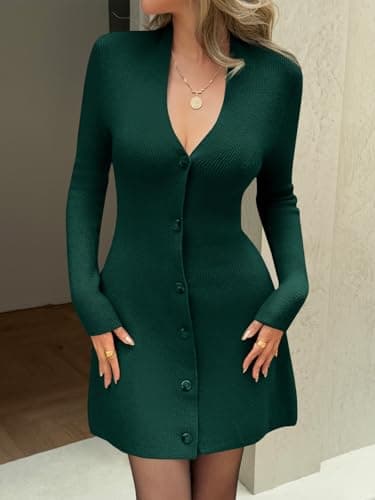 Wenrine Womens Deep V Neck Sweater Dress Sexy Knit Button Down Long Sleeve A Line Fall Mini Dresses Green - Thumbnail 3