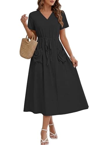 MOLERANI Women Summer Maxi Dress Casual Drawstring Long Dresses Cruise Sundress Flattering Dress with Pockets, Black, M - Image 1