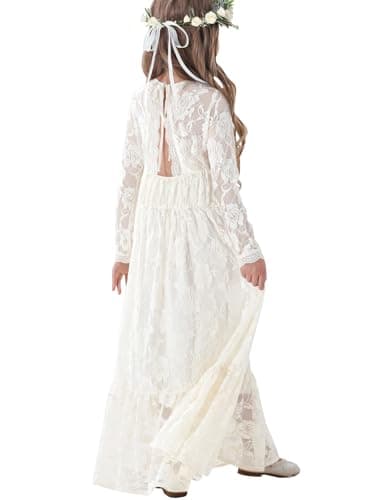 ALLOVIN Toddler & Girls Long Sleeve Lace Flower Girl Dress Maxi Boho A-Line Dress for Wedding Baptism 1st Communion | Ivory | 6-7Y - Image 1