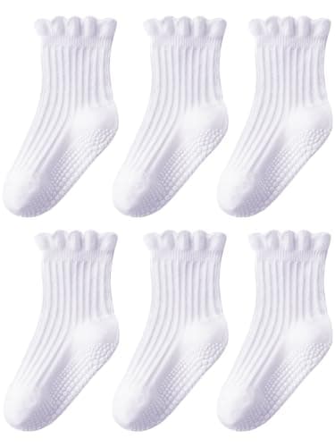 ALLOVIN 6 Pairs Non-Slip Ruffle Lace Socks for Baby & Toddler Girls – Soft Cotton Grip Socks | Pure White | 3-5 Years - Image 1