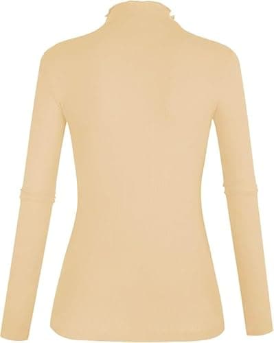 Women's Lettuce Trim Mock Neck Long Sleeve Slim Fit Ribbed Knit Tee Shirt Tops Apricot L - Thumbnail 2