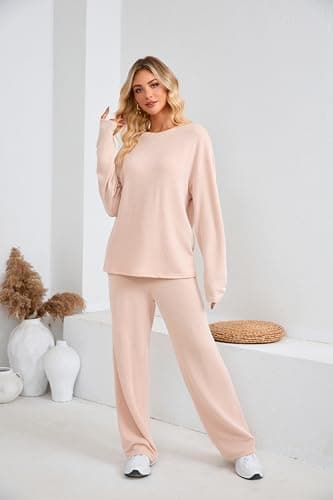 dursrove Womens Lounge Sets 2 Piece Matching Pajamas Fall Fashion 2025 Ribbed Knit Outfits Long Sleeve Casual Sweatsuits (US, Alpha, Large, Regular, Regular, Blush Pink) - Thumbnail 3
