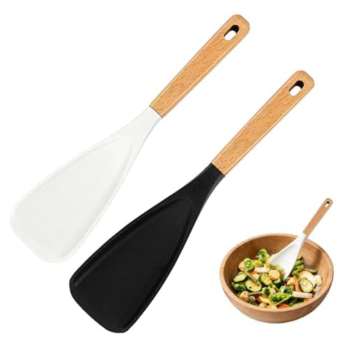 Silicone Cooking Spoon for Nonstick Cookwares - Heat Resistant Silicone Spatula & Serving Spoon, BPA-Free Wood Handle Spoon for Mixing Scoop Scrape, Kitchen Utensils Set Alternative(Black+White) - Image 1