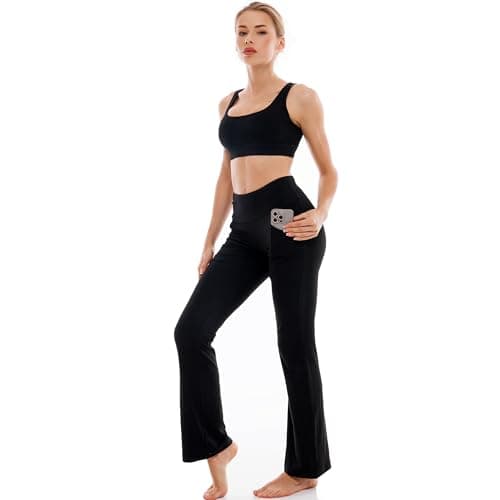Ipletix High Waisted Flare Leggings, Black, Women's Yoga Pants with 4 Pockets, L - Thumbnail 2