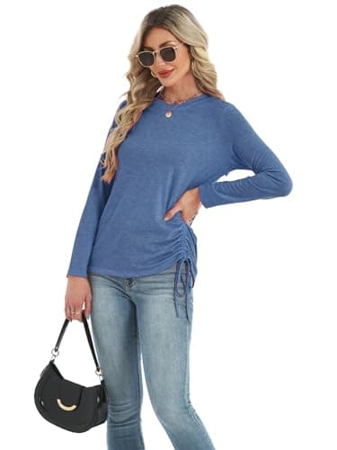 AIZHINENG Womens Long Sleeve Shirts Crewneck Tops Casual Fall Spring Trendy T-Shirts Outfits Clothes 2025 Blue - Thumbnail 2