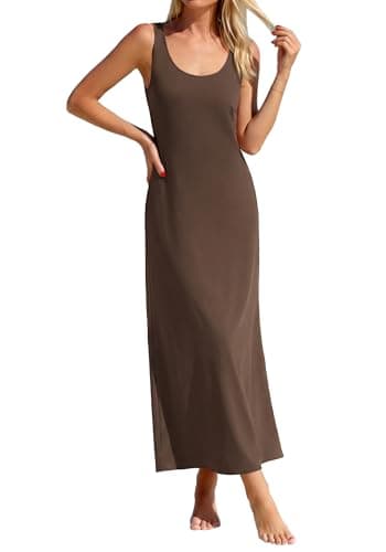BTFBM Womens Summer Tank Dress 2026 Sleeveless Scoop Neck Boho Sundress Satin Loose Party Beach Dresses(Brown, Small) - Image 1