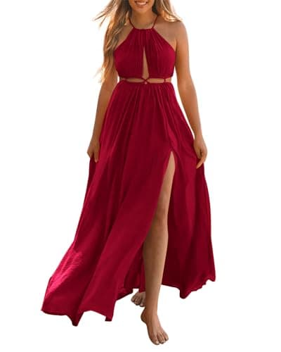 BTFBM Women Halter Summer Dresses 2026 Sleeveless Cutout Backless Sundress Slit Boho Maxi Beach Wedding Guest Dress(Red, X-Large) - Image 1