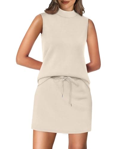 XIEERDUO Summer Beach Fashion Vacation Clothes Matching Lounge Sets Woemns Clothing 2 Piece Skirt Sets Cruise Travel Vacation Outfits Resort Wear 2025 Mock Neck Tank Tops Tennis Skirt Sets Beige XS - Image 1