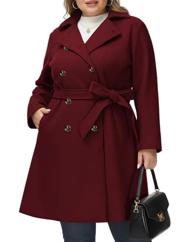 Hanna Nikole Women's Notch Lapel Double Breasted Pea Coat Long Winter Outwear Overcoat Wine Red 18 Plus - Image 1