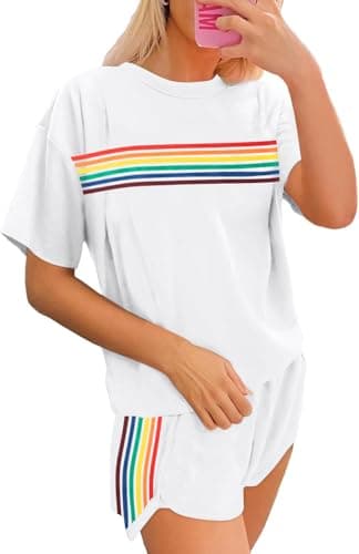 Womens 2 Piece Short Sets Summer Outfits Rainbow Stripes Shirts 2025 Two Piece Lounge Set Matching Shorts - Image 1