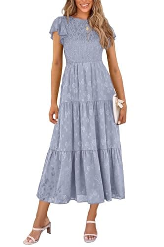 PRETTYGARDEN Midi Dresses for Women 2026 Summer Floral Cap Sleeve Smocked A Line Long Elegant Spring Wedding Guest Dress (Grey Blue,Small) - Image 1