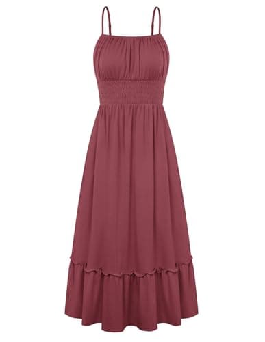 GRACE KARIN Womens Spaghetti Strap Dress Flowy Ruffle Dresses Sleeveless Swing A-Line Sundress Smocked Cami Dress with Pockets Brick Red L - Image 1