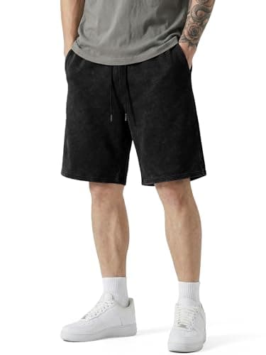 JMIERR Men's Bermuda Shorts Acid Washed Vintage Cotton Baggy Loose Fit Elastic Waist Drawstring Breathable Athletic Sweat Shorts Black, Large - Image 1