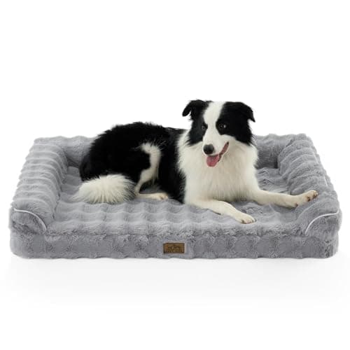 Faux Fur Orthopedic Dog Bed, Super Soft Large Dog Bed, Supportive Foam Bolster Pet Sofa with Waterproof Lining Cover, Washable U-Shaped Pet Couch with Anti-Slip Bottom Design, Grey XL 42x30x7 inch