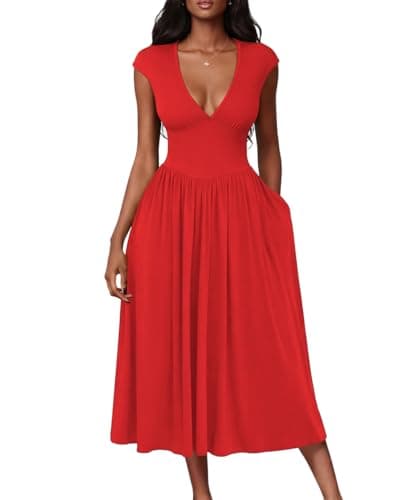 ABKY Womens Midi Dresses Deep V Neck Cap Sleeve Back- Tie A-Line Swing Dress with Pocket Party Foraml Date Night Prom Outfits Red S - Image 1