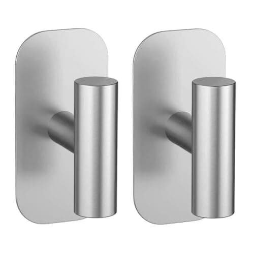 IMUMU Adhesive Towel Hooks for Shower,Waterproof Heavy Duty Bathroom Hooks,Wall Mounted Sticky Hangers for Coats/Aprons/Robes,No Drilling(Silver,2 Pack) - Image 1
