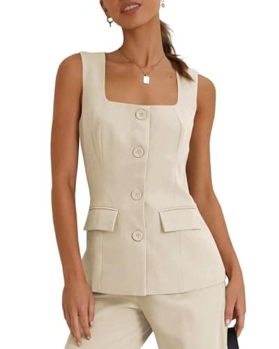 Tankaneo Women's Single Breasted Vests Square Neck Sleeveless Slim Fitted Work Office Waistcoats - Thumbnail 2
