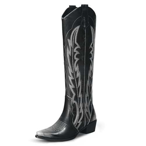 LeunDen Black Cowboy Boots for Women with Embroidery, Knee High Cowgirl Boots with Pointed Toe, Chunky Heel Western Boots Tall Long Boots Size 7.5 - Image 1
