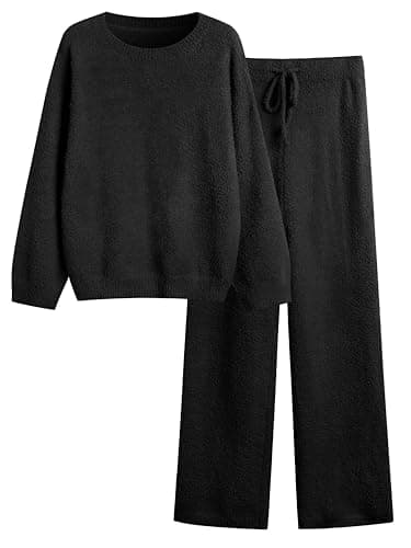 GKBK Lounge Sets for Women 2 Piece Fuzzy Fleece Pajamas Long Sleeve Oversized Lounge Set 2025 Fall Winter Trendy Black XL - Image 1