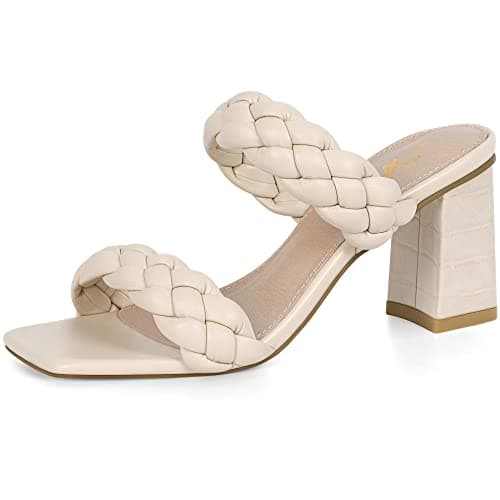 Athlefit Women's Braided Heeled Sandals Summer Square Open Toe Heels Slip On Block Heels Beige Size 11 - Image 1