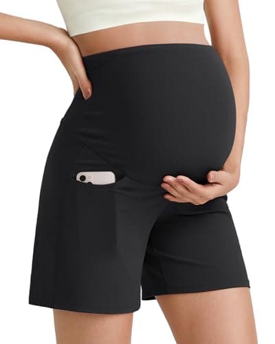 G4Free Maternity Shorts for Women Over The Belly Pregnancy Summer Clothes Workout Yoga Athletic Lounge Shorts with Pockets(Black,XXL) - Image 1
