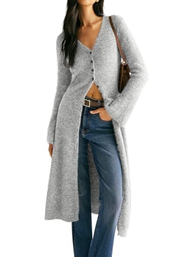 Jenisso Womens V-Neck Button Maxi Cardigan Bell Long Sleeve Open Front Split Breasted Sweater Dress Gray - Image 1