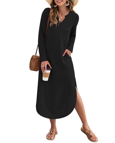 MISFAY Fall Maxi Dresses for Women 2026 Casual V Neck Long Sleeve Split Dress Loose Shirt Dress Solid Outfits with Pockets(Black,2XL) - Image 1