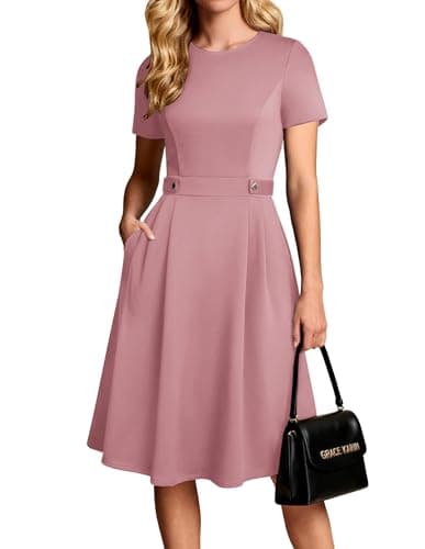GRACE KARIN Summer Church Dresses for Women 2026 Short Sleeve A Line Work Dresses Fit and Flare Midi Dress with Pockets Gray Pink L - Image 1