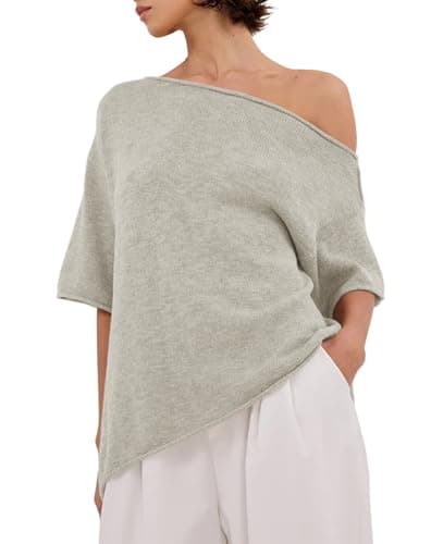 EGOCKAL Womens Off The Shoulder Knit Tops Summer Short Sleeve Roll Hem Asymmetrical Linen T Shirts 2026 - Image 1