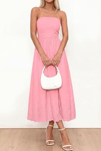 PRETTYGARDEN Womens Summer Dresses 2026 Sexy Sleeveless Tube Top Long Dress Eyelet Cotton Maxi Beach Sundress Pockets(Pink,Large) - Thumbnail 5