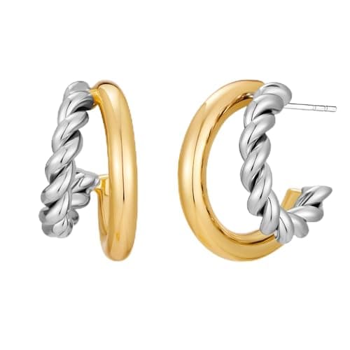 MUYAN Men Two Tone Double Hoop Earrings Twisted Open Chunky Hoops for Men Women Mixed Metal Jewelry - Image 1
